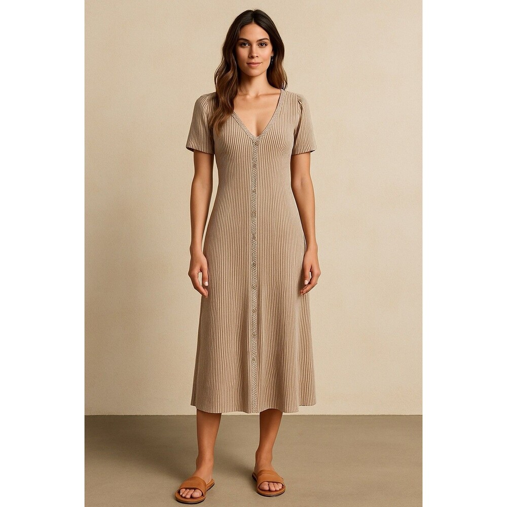 Caution To The Wind Ribbed V-Neck Midi Dress in Beige